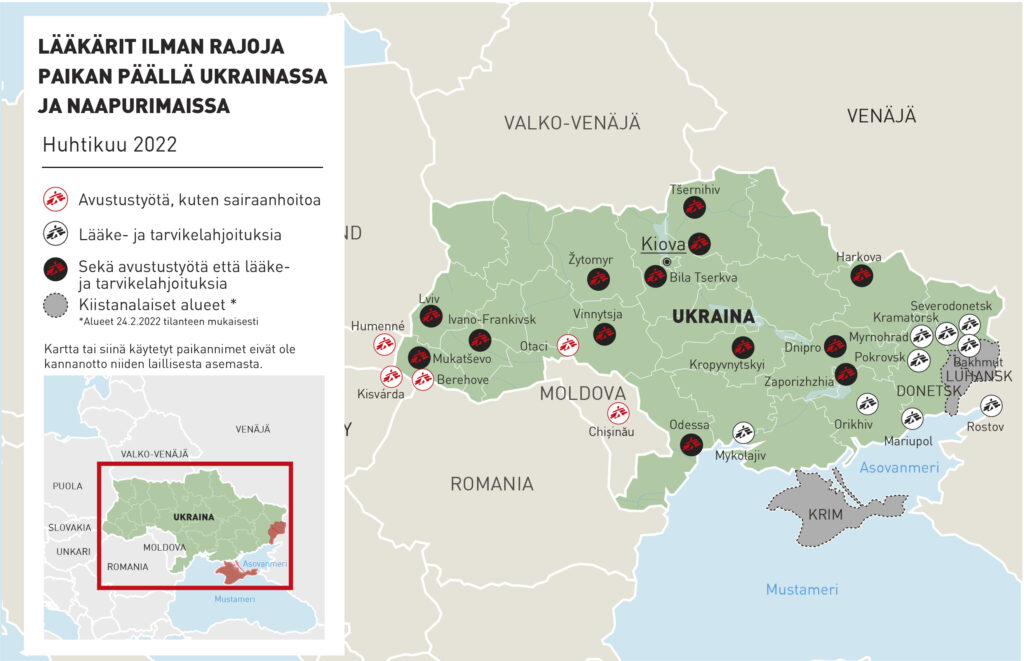 Kartta Lääkärit Ilman Rajoja -järjestön läsnöolosta Ukrainassa